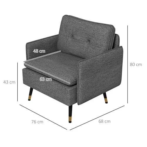 HOMCOM Fauteuil scandinave Dossier capitonné avec Passepoil en Tissu 76 x 68 x 80 cm | Gris et Pieds en métal Noir et doré