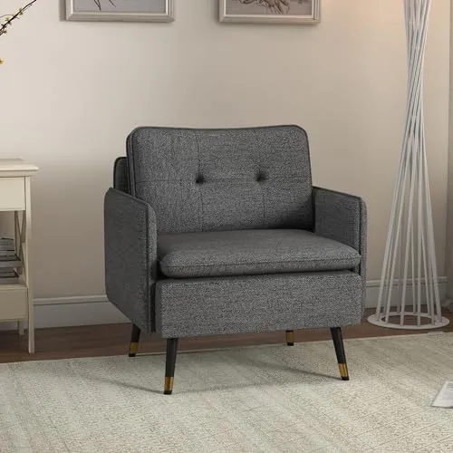 HOMCOM Fauteuil scandinave Dossier capitonné avec Passepoil en Tissu 76 x 68 x 80 cm | Gris et Pieds en métal Noir et doré