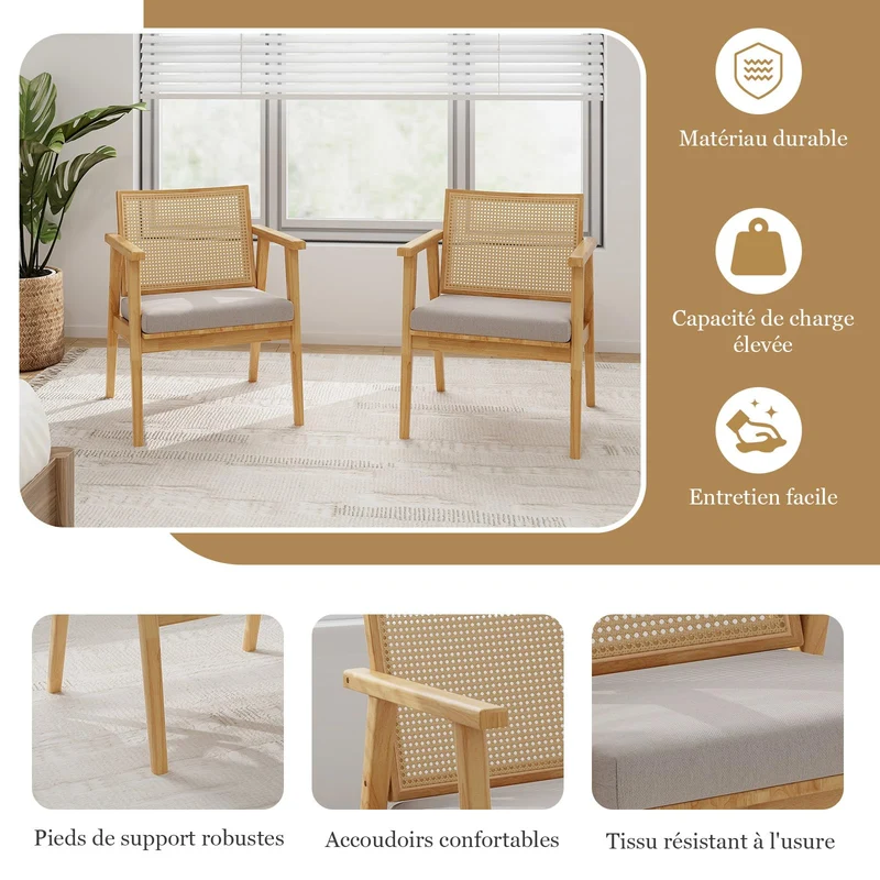 COSTWAY Lot de 2 Fauteuils de Salon 1 Place, Fauteuil Relax avec Cadre en Bois d’Hévéa, Fauteuil d'Appoint avec Dossier en Rotin Respirant & Coussin Amovible, pour Bureau, Salle d'Étude, Charge 135KG