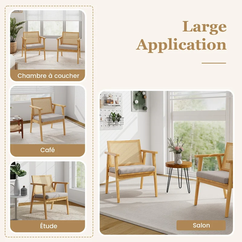 COSTWAY Lot de 2 Fauteuils de Salon 1 Place, Fauteuil Relax avec Cadre en Bois d’Hévéa, Fauteuil d'Appoint avec Dossier en Rotin Respirant & Coussin Amovible, pour Bureau, Salle d'Étude, Charge 135KG