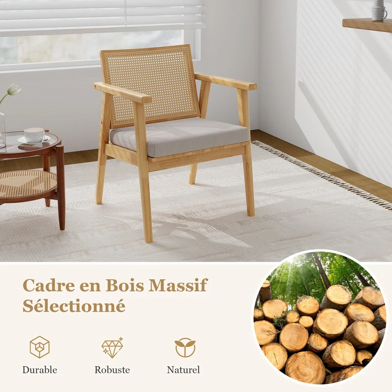 COSTWAY Lot de 2 Fauteuils de Salon 1 Place, Fauteuil Relax avec Cadre en Bois d’Hévéa, Fauteuil d'Appoint avec Dossier en Rotin Respirant & Coussin Amovible, pour Bureau, Salle d'Étude, Charge 135KG