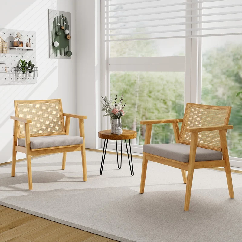 COSTWAY Lot de 2 Fauteuils de Salon 1 Place, Fauteuil Relax avec Cadre en Bois d’Hévéa, Fauteuil d'Appoint avec Dossier en Rotin Respirant & Coussin Amovible, pour Bureau, Salle d'Étude, Charge 135KG