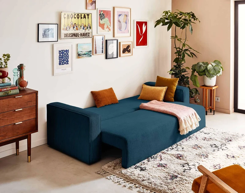 Best Mobilier - Topaze - canapé 3 Places - Convertible avec Coffre - en Velours côtelé - Bleu Ardoise