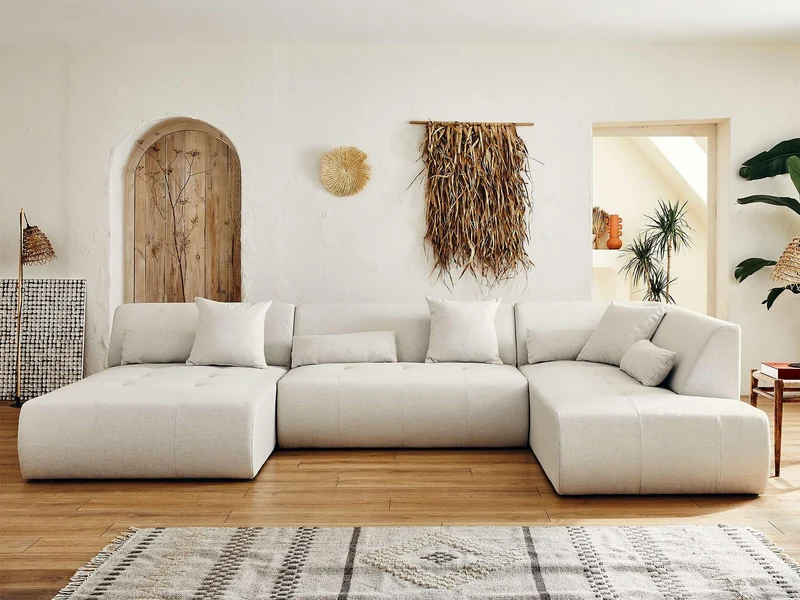 Lisa Design - Onyx - canapé modulable panoramique d'angle Droit 7 Places - en Tissu - Beige