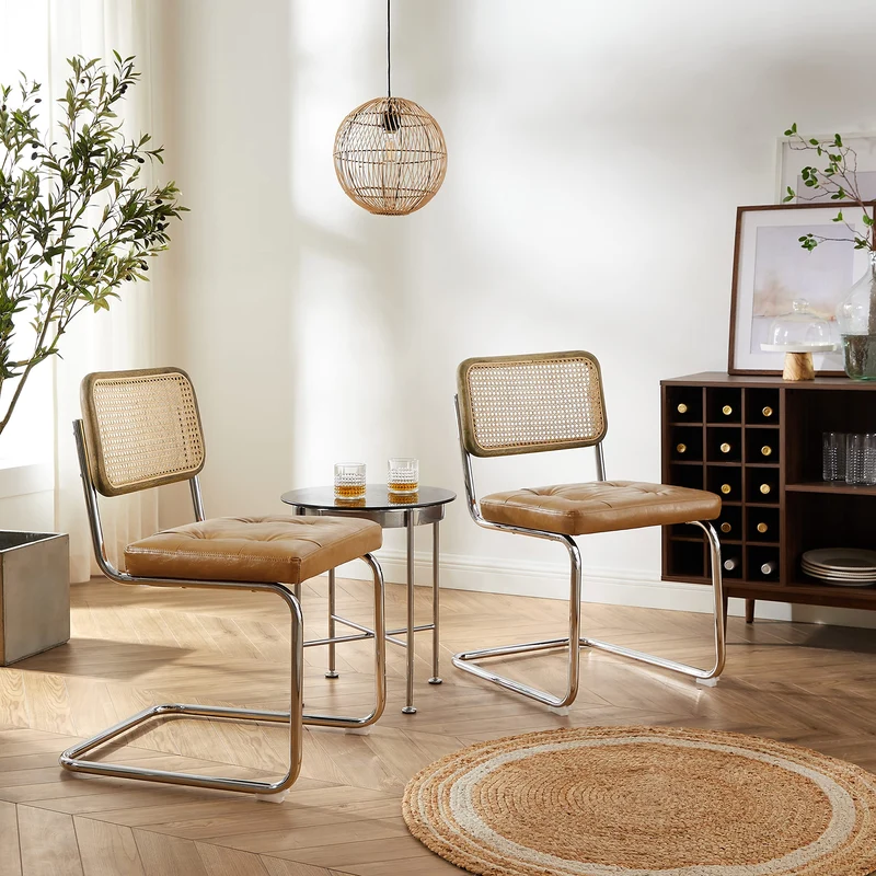 Zouron Chaises De Cuisine en Rotin Lot de 2, Chaises De Salle à Manger Modernes du Milieu du SièCle, Chaises De Cuisine sans Accoudoirs avec Dossier en Rotin Tressé, Pieds en MéTal, Marron