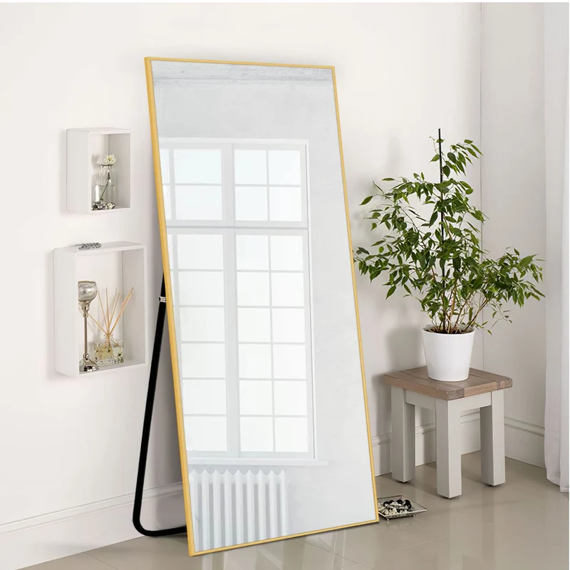 Poshions Grand miroir mural sur toute la longueur, Cadre en aluminium, Pour salon, chambre à coucher, 140 x 40 cm, Doré