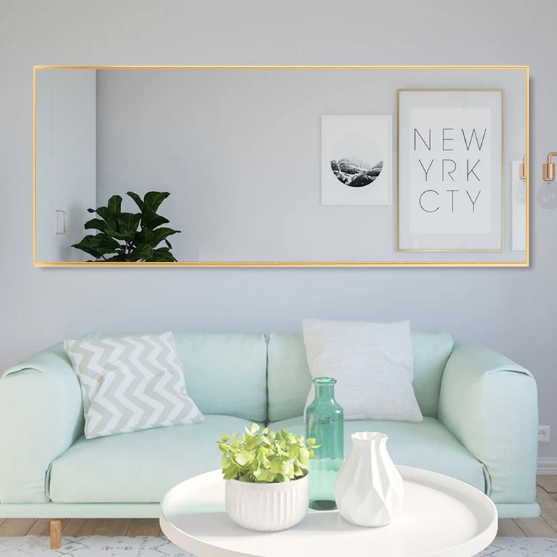 Poshions Grand miroir mural sur toute la longueur, Cadre en aluminium, Pour salon, chambre à coucher, 140 x 40 cm, Doré