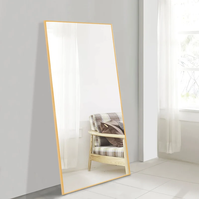 Poshions Grand miroir mural sur toute la longueur, Cadre en aluminium, Pour salon, chambre à coucher, 140 x 40 cm, Doré