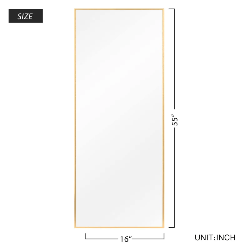 Poshions Grand miroir mural sur toute la longueur, Cadre en aluminium, Pour salon, chambre à coucher, 140 x 40 cm, Doré