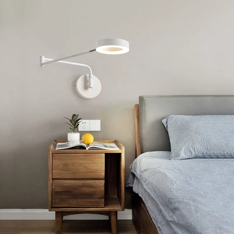 Applique Murale LED moderne 2 bras longs réglables rotatifs Lampe de Murale de chambre à coucher Bras oscillant en métal rétractable Lampe de chevet Lampe de lecture murale Wall lamp blanche
