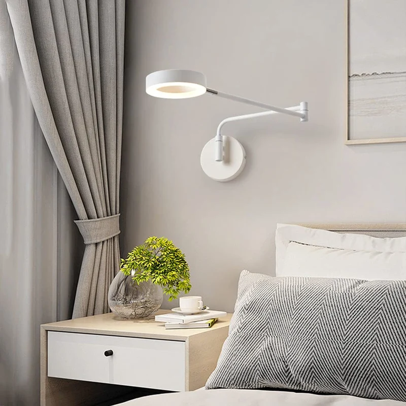 Applique Murale LED moderne 2 bras longs réglables rotatifs Lampe de Murale de chambre à coucher Bras oscillant en métal rétractable Lampe de chevet Lampe de lecture murale Wall lamp blanche