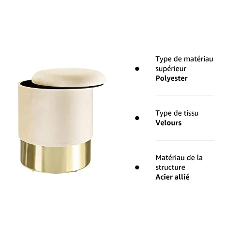 TecTake Pouf Rond avec Coffre de Rangement Tabouret Aspect Velours Base en Acier Doré Design Elégant – Diverses Couleurs (Crème)