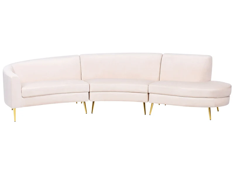 Canapé 4 Places en Velours Beige de Style Rétro à Pieds Dorés et Forme Courbe Moss