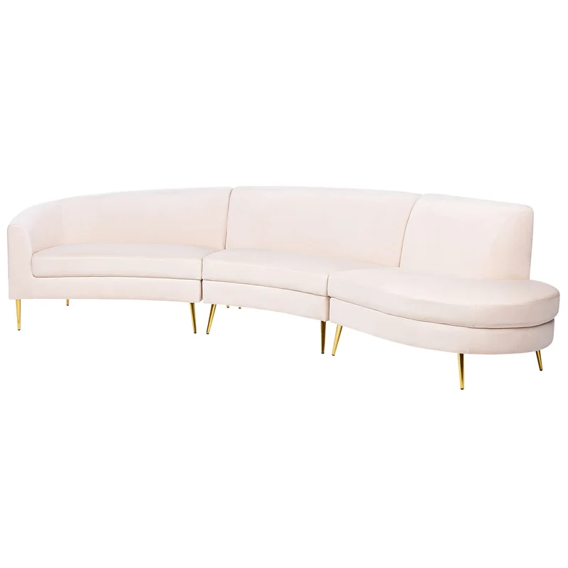 Canapé 4 Places en Velours Beige de Style Rétro à Pieds Dorés et Forme Courbe Moss