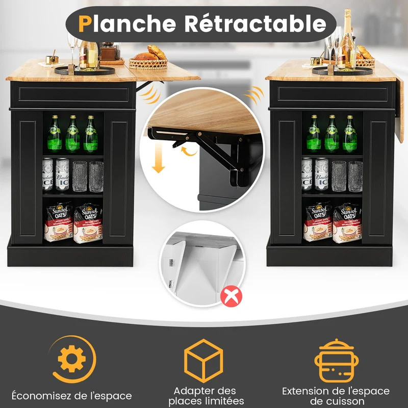 COSTWAY Ilot Central Cuisine Comptoir en Bois d'Hévéa Pliable, Étagères Réglables à 3 Niveaux, Desserte de Cuisine de Service avec Tiroirs, Supports Latéraux et 2 Portes, 61 x 120 x 92 cm, Noir