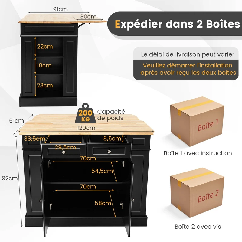 COSTWAY Ilot Central Cuisine Comptoir en Bois d'Hévéa Pliable, Étagères Réglables à 3 Niveaux, Desserte de Cuisine de Service avec Tiroirs, Supports Latéraux et 2 Portes, 61 x 120 x 92 cm, Noir