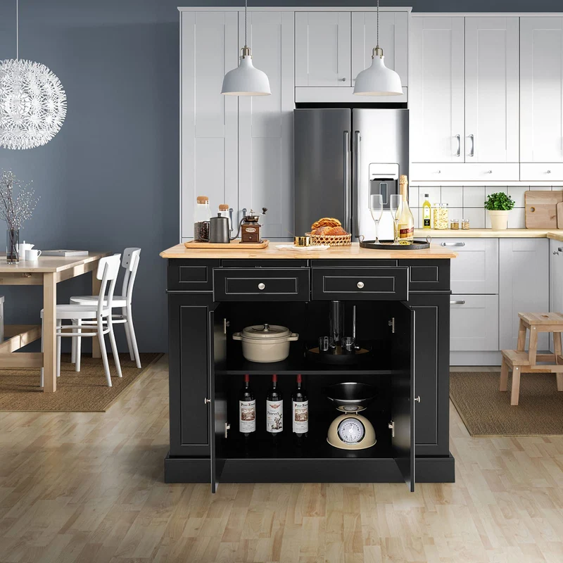 COSTWAY Ilot Central Cuisine Comptoir en Bois d'Hévéa Pliable, Étagères Réglables à 3 Niveaux, Desserte de Cuisine de Service avec Tiroirs, Supports Latéraux et 2 Portes, 61 x 120 x 92 cm, Noir