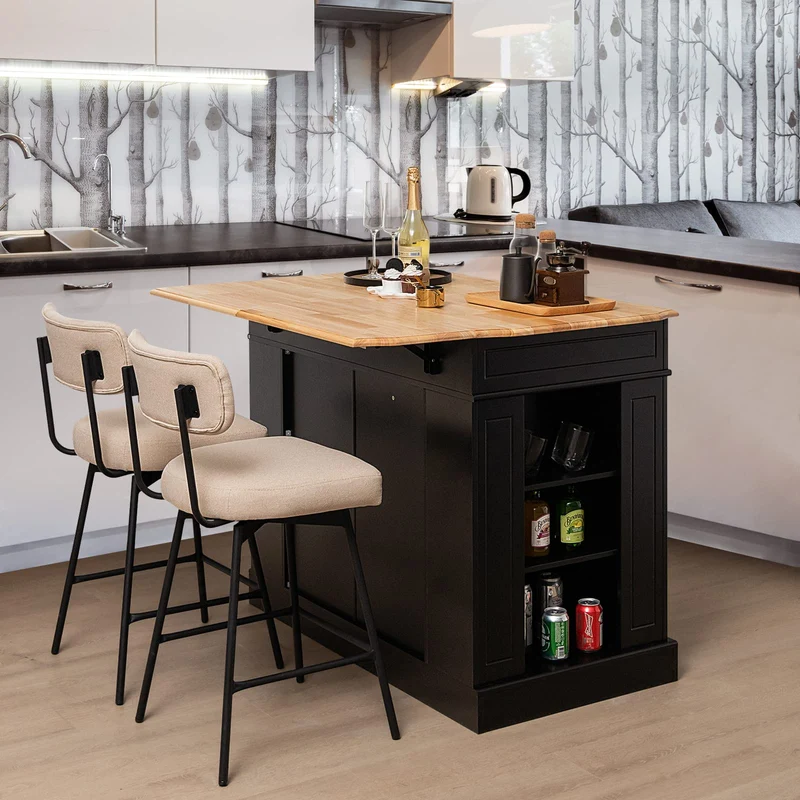 COSTWAY Ilot Central Cuisine Comptoir en Bois d'Hévéa Pliable, Étagères Réglables à 3 Niveaux, Desserte de Cuisine de Service avec Tiroirs, Supports Latéraux et 2 Portes, 61 x 120 x 92 cm, Noir