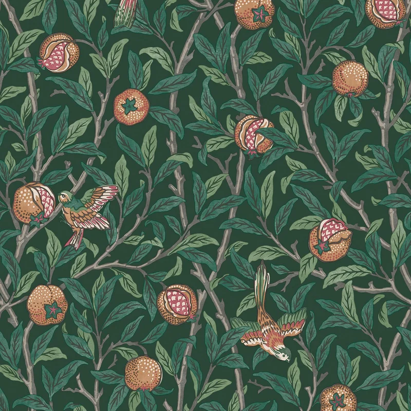 Papier peint intissé William Morris Bird & Pomegranate Deep Green 1005 x 52cm Vert | Revetement Mural, Tapisserie | Facile à poser et à Enlever