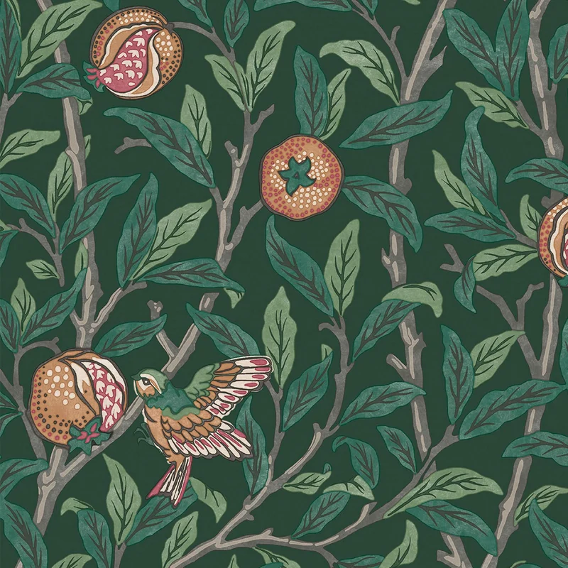 Papier peint intissé William Morris Bird & Pomegranate Deep Green 1005 x 52cm Vert | Revetement Mural, Tapisserie | Facile à poser et à Enlever