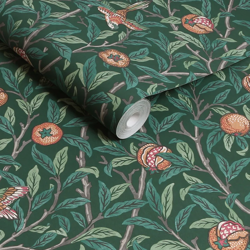 Papier peint intissé William Morris Bird & Pomegranate Deep Green 1005 x 52cm Vert | Revetement Mural, Tapisserie | Facile à poser et à Enlever