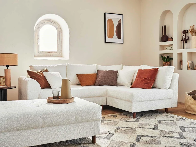 Lisa Design - Rune - canapé d'angle Droit - 4 Places - avec Pouf d'appoint - en Tissu Bouclette - Blanc