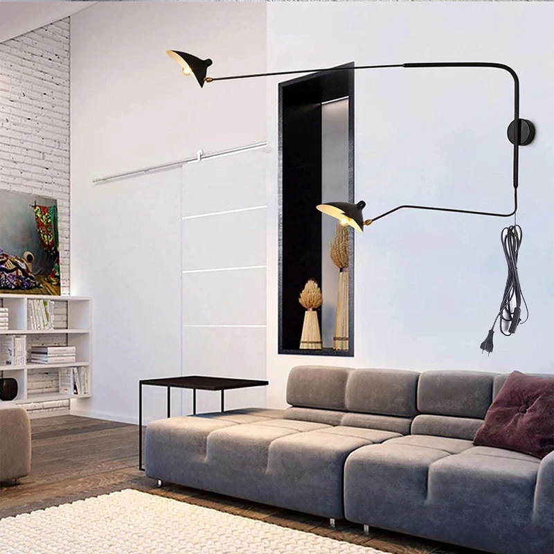 AKBOY Bras Long Applique Murale Vintage Industrielle Spots Muraux avec Interrupteur Tête Réglable Rotatif E27*2 Lampe Murale Intérieur Eclairage Mural Métal Éclairage De Chambre À Coucher,180 * 118cm