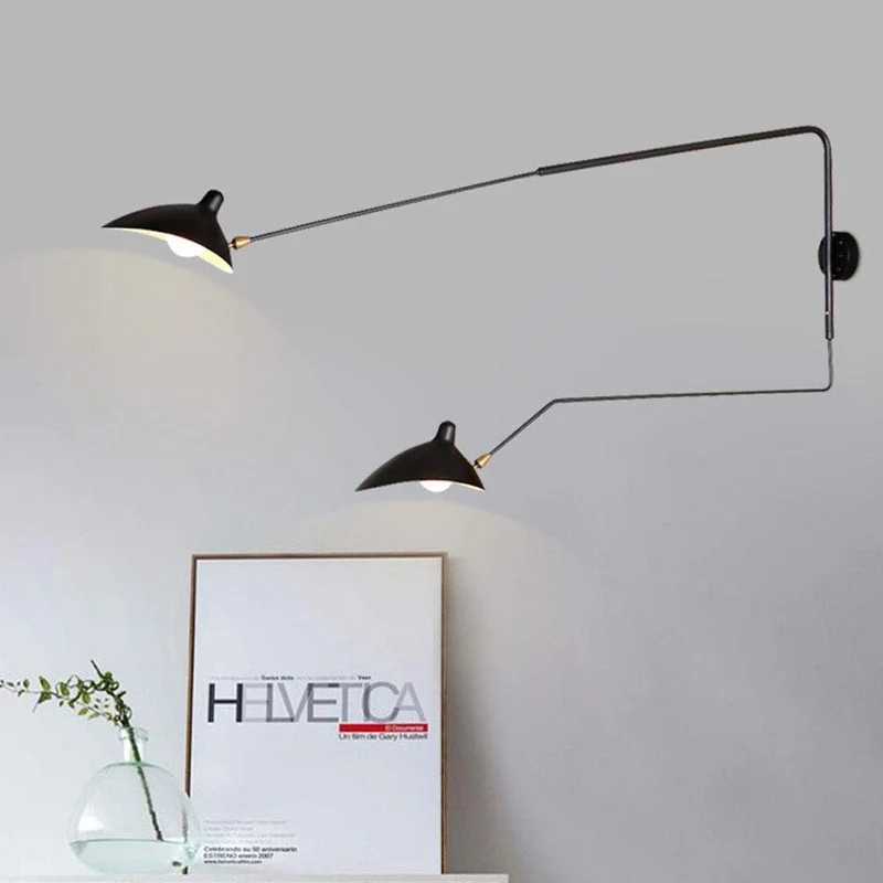 AKBOY Bras Long Applique Murale Vintage Industrielle Spots Muraux avec Interrupteur Tête Réglable Rotatif E27*2 Lampe Murale Intérieur Eclairage Mural Métal Éclairage De Chambre À Coucher,180 * 118cm