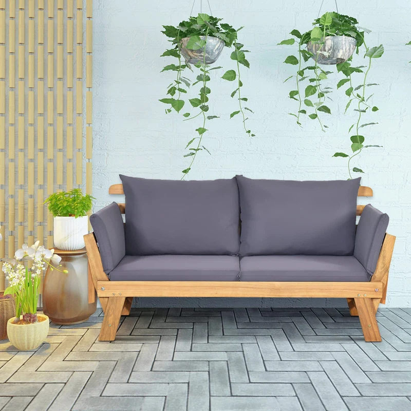 COSTWAY Canapé Lit de Jardin Convertible 2 Places en Bois d’Acacia avec Coussin, Canapé de Jardin 2 en 1 avec Accoudoir Réglable Charge 320KG, pour Patio Piscine Cour (Gris)