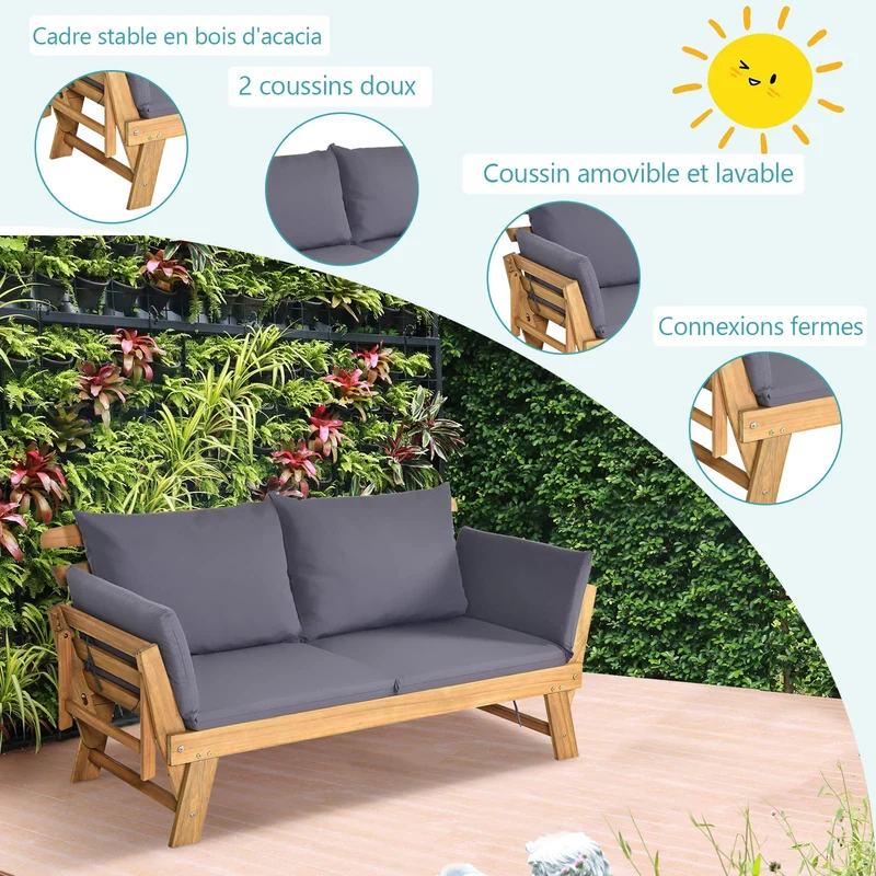 COSTWAY Canapé Lit de Jardin Convertible 2 Places en Bois d’Acacia avec Coussin, Canapé de Jardin 2 en 1 avec Accoudoir Réglable Charge 320KG, pour Patio Piscine Cour (Gris)