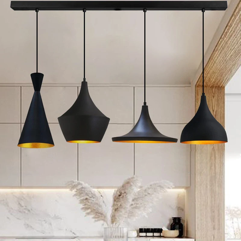 bamyum Lot de 4 Suspension Luminaire Industrielle de 26 cm pour Salle à Manger, Lustre Salon de, Lustre Bureau E27 en Métal, Vintage Lampe pour Chambre, Cuisine, Couloir, Café, Bar, Restaurant, Noir