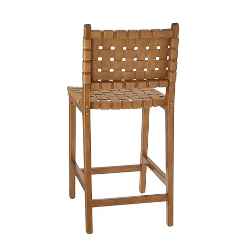 Ball & Cast Tabouret de comptoir tissé, Hauteur de comptoir de Cuisine, Dossier, Tabouret en Bois tissé, Similicuir Marron
