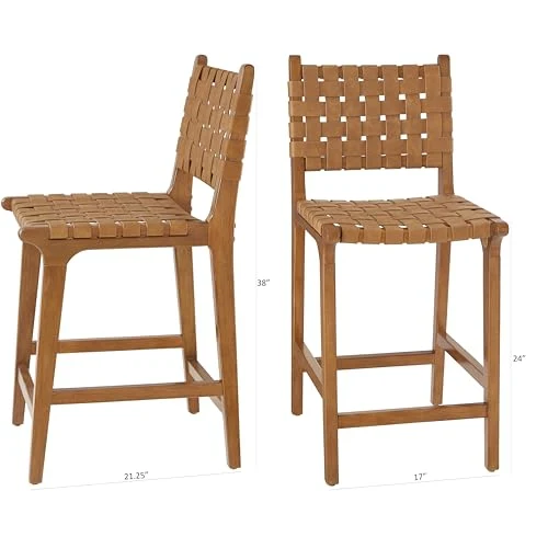 Ball & Cast Tabouret de comptoir tissé, Hauteur de comptoir de Cuisine, Dossier, Tabouret en Bois tissé, Similicuir Marron