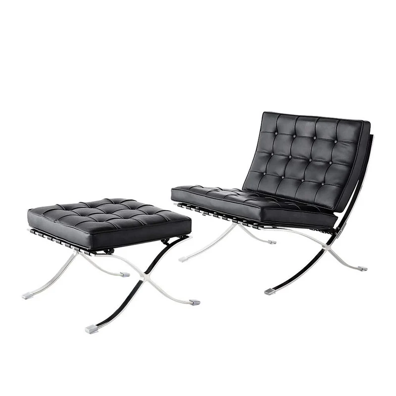 Fauteuil de salon classique - Pliable - En cuir véritable - Avec cadre en acier inoxydable - Pour chambre à coucher, salon, salle de lecture (noir, avec ottomane)