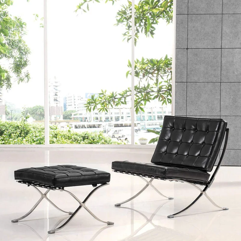 Fauteuil de salon classique - Pliable - En cuir véritable - Avec cadre en acier inoxydable - Pour chambre à coucher, salon, salle de lecture (noir, avec ottomane)