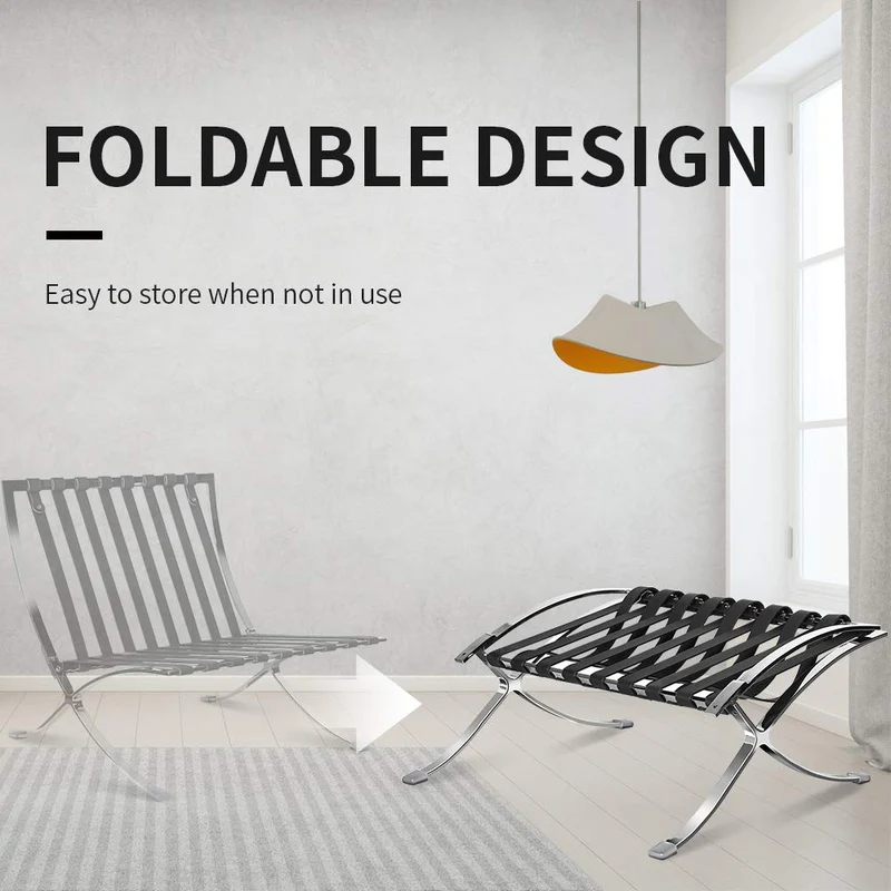 Fauteuil de salon classique - Pliable - En cuir véritable - Avec cadre en acier inoxydable - Pour chambre à coucher, salon, salle de lecture (noir, avec ottomane)