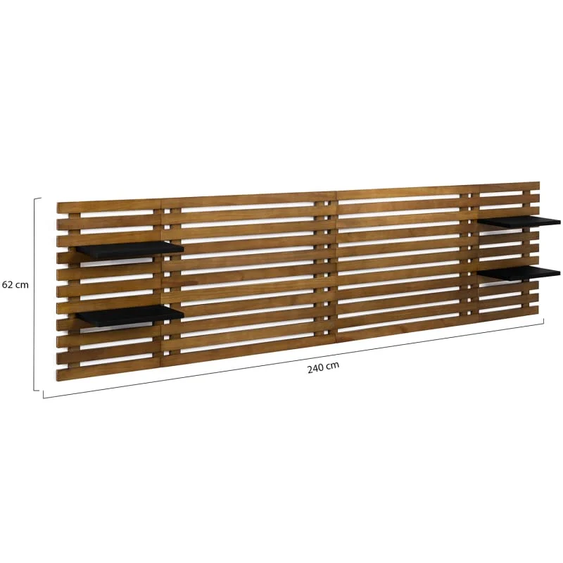 IDMarket - Tête de lit en Lattes AVA 240 CM Bois Vieilli et étagères Noires