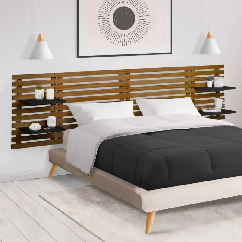 IDMarket - Tête de lit en Lattes AVA 240 CM Bois Vieilli et étagères Noires