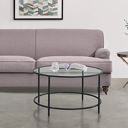 Table Basse Ronde pour Salon Petite Table Stylée Plateau en Verre Pieds en Acier 84 x 45,5 cm Noir