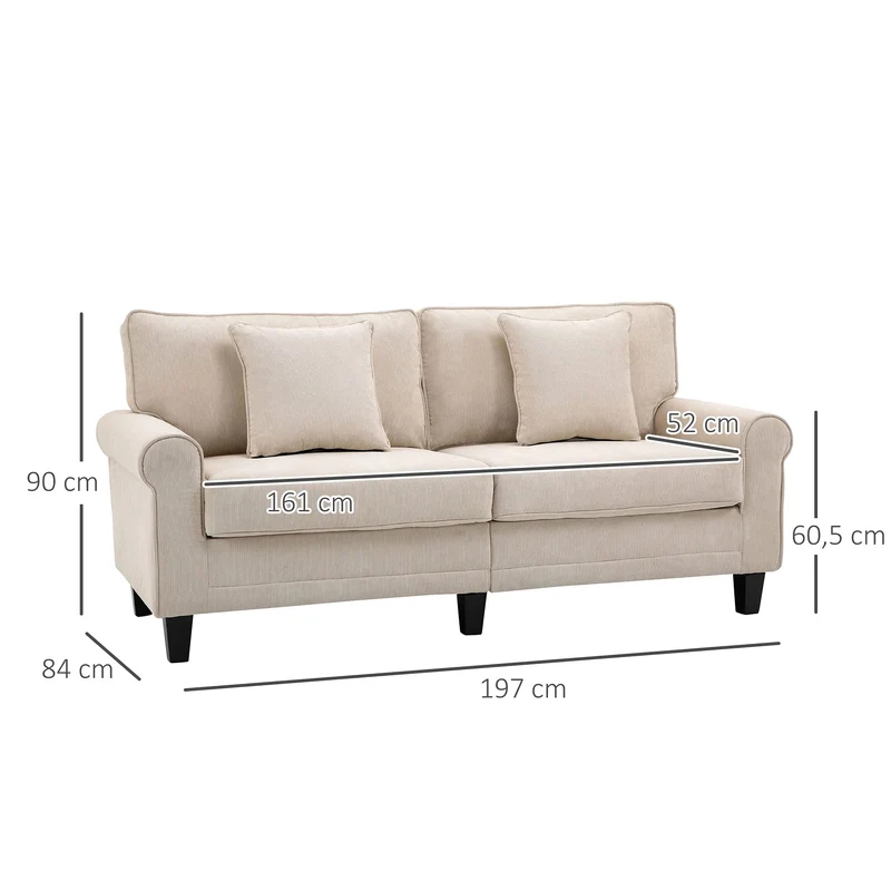 HOMCOM Canapé 3 Places dim. 197L x 84P x 90H cm Coussin déco. Inclus Pieds Bois Massif pin Tissu Aspect Velours côtelé Beige