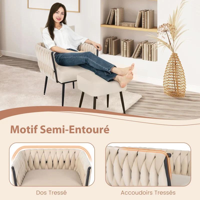 RELAX4LIFE Fauteuil de Salon avec Repose-Pieds, Fauteuil d’Appoint en Velours avec Oreiller Confortable | Pieds Métalliques Robustes| Patins Ajustables, Conception Semi-entourante 65X66X80CM, Beige