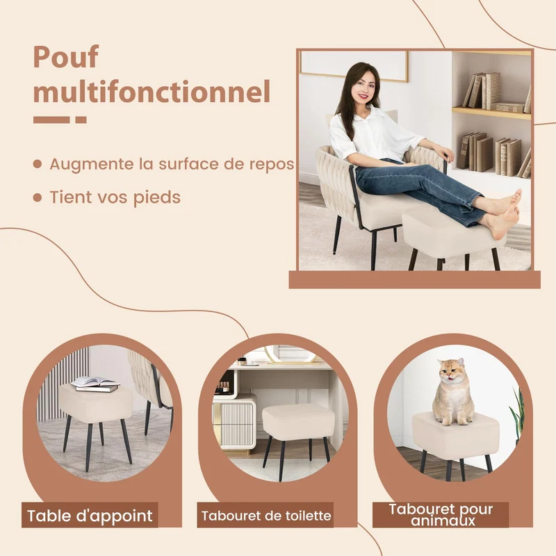 RELAX4LIFE Fauteuil de Salon avec Repose-Pieds, Fauteuil d’Appoint en Velours avec Oreiller Confortable | Pieds Métalliques Robustes| Patins Ajustables, Conception Semi-entourante 65X66X80CM, Beige