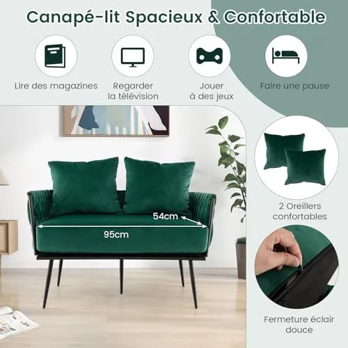 RELAX4LIFE Canapé 2 Places, Canapé Causeuse en Velours Doux avec 2 Oreillers Confortable | Pieds Métalliques Robustes| Patins Ajustable, Fauteuil de Salon 109 x 61 x 65CM, Vert foncé