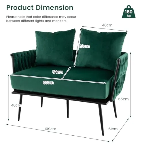 RELAX4LIFE Canapé 2 Places, Canapé Causeuse en Velours Doux avec 2 Oreillers Confortable | Pieds Métalliques Robustes| Patins Ajustable, Fauteuil de Salon 109 x 61 x 65CM, Vert foncé