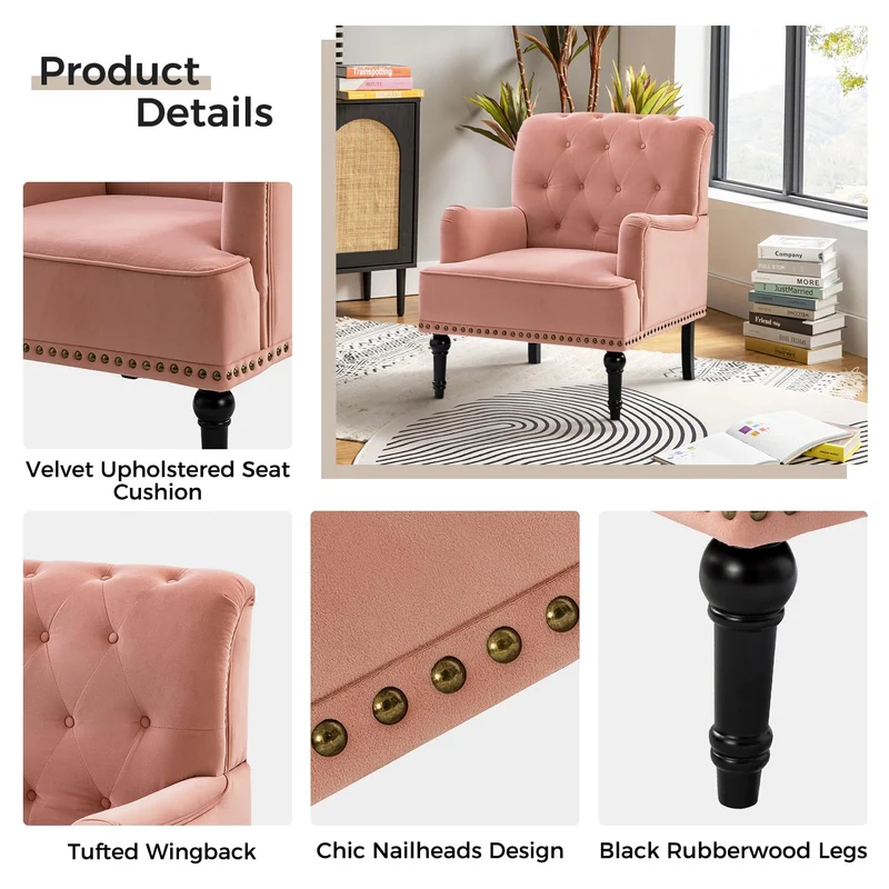 HULALA HOME Fauteuil à Oreilles avec accoudoirs du Milieu du siècle Chaise d'appoint Moderne en Velours à Dossier Haut avec Pieds en Bois Fauteuil Club rembourré pour Salon Chambre à Coucher Rose
