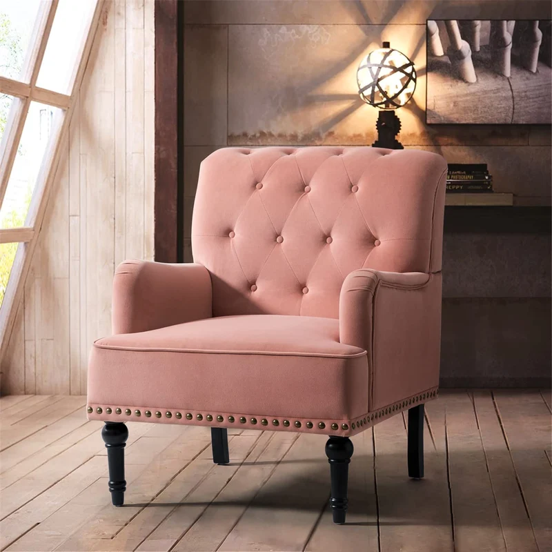 HULALA HOME Fauteuil à Oreilles avec accoudoirs du Milieu du siècle Chaise d'appoint Moderne en Velours à Dossier Haut avec Pieds en Bois Fauteuil Club rembourré pour Salon Chambre à Coucher Rose