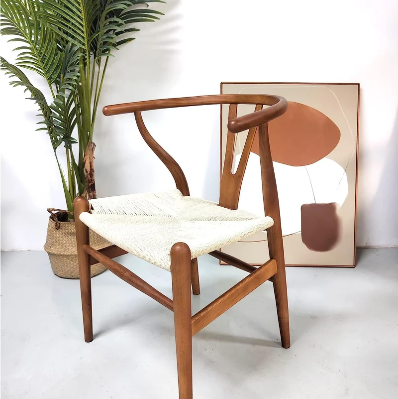 Tomile Hans Wegner Chaise de salle à manger moderne en bois, en forme de Y, avec siège et accoudoirs en chanvre massif, pour salle à manger et salon, couleur bois d'ash, couleur noyer