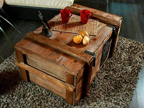 Voyage Vieux Coffre Table basse Cottage cuiseur vapeur Coffre en pin avec vintage Tin Sign Largeur : 110 cm Hauteur : 45 cm Profondeur : 60 cm