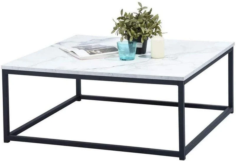 MEUBLE COSY Design Moderne Table Basse de Salon Carré Effet Marbré Structure en métal, Style Industriel, Blanc et Noir, 80x80x34cm