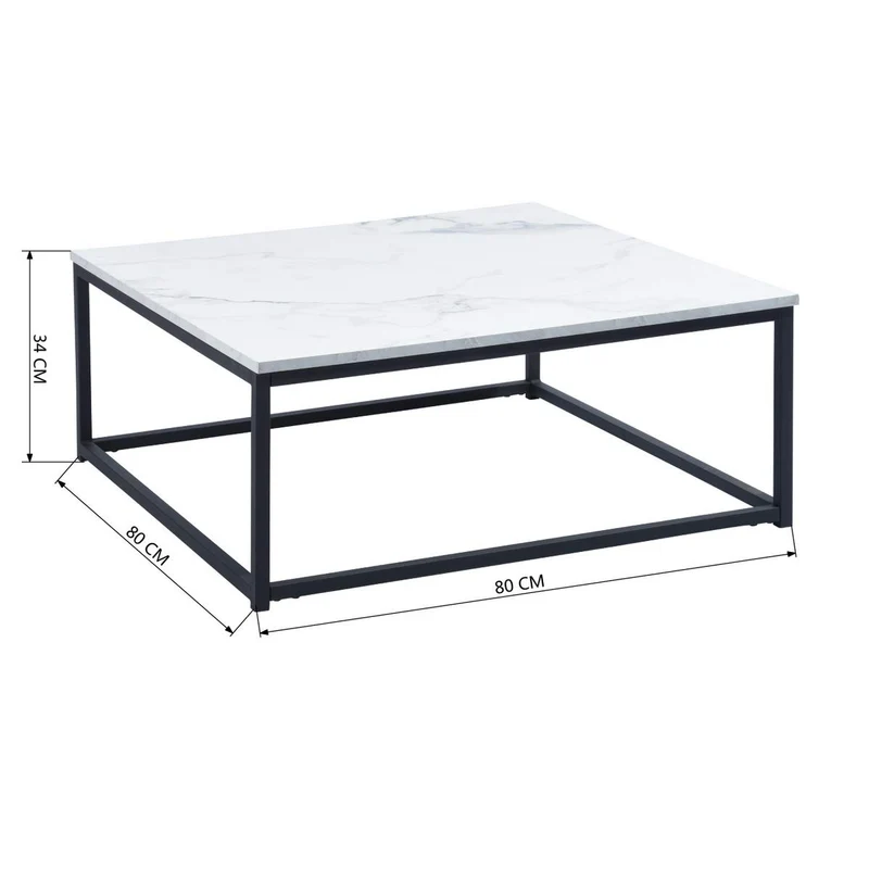MEUBLE COSY Design Moderne Table Basse de Salon Carré Effet Marbré Structure en métal, Style Industriel, Blanc et Noir, 80x80x34cm